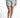 Vera high-waisted blue denim shorts with front pleats, cuffed hems, and side pockets on a model wearing white sneakers.