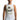 A man wearing a sleeveless white shirt with a graphic design featuring text and abstract elements.