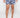 Men's blue Hank swim trunks with white tropical palm leaf pattern, drawstring waist, and Carbon Jeans white slides.