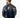 Back view of the Axel Coat, a men's glossy blue bomber jacket with striped ribbed collar and cuffs.