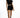 Model in Carly black high-waisted denim shorts with silver chain hardware and distressed hem streetwear style.