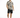 A man stands wearing a short-sleeve patterned shirt with geometric designs and black shorts, paired with white sneakers.