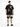 A person wearing a black t-shirt with artistic angel and devil graphics on the back, paired with gradient shorts.