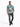 A man walks confidently in a short-sleeve, teal and white tie-dye shirt paired with distressed black jeans.