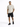 A man wearing a light beige oversized t-shirt with a graphic text design, paired with black cargo shorts and sneakers.