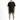 A man stands wearing a black oversized t-shirt with white text, paired with gradient shorts and black sneakers.