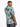 A man wearing a short-sleeve shirt with a teal and cream abstract pattern, viewed from the back.