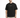 A man stands wearing a black oversized t-shirt with white text, paired with light ombre shorts.