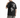 A man wearing a black t-shirt with a graphic design featuring a devilish cherub and a skull on the back.