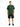 A man stands wearing a green oversized t-shirt with white text, paired with black cargo shorts and sneakers.