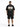 A person wearing a black oversized t-shirt with a dice graphic and text on the back, paired with black shorts.