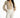Zuri Knit Top in beige featuring a deep V-neck, ruched bodice, and long puffy sleeves paired with white trousers.