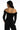 Back view of the Dulce off-the-shoulder black bodysuit with long sleeves, paired with black trousers.