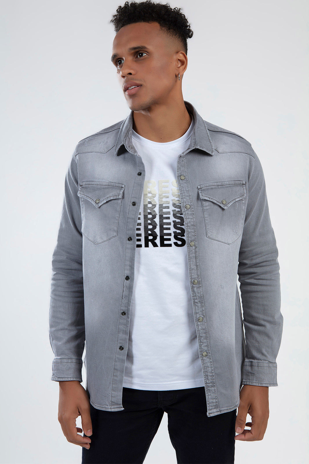 grey denim dress shirt Mens Next Grey Denim Western Style Long Sleeve Shirt 5XL