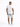 A man stands with his back to the camera, wearing a white t-shirt and light gray shorts, paired with white sneakers.