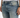 Close-up of distressed light blue denim jeans featuring a button closure and subtle fading details.
