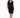 A woman in a fitted black dress with long sleeves and a decorative neckline stands confidently in front of a white ba...