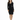A woman in a fitted black dress with long sleeves and a decorative neckline stands confidently in front of a white ba...