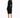 A woman in a fitted black dress with long sleeves, standing in high heels and looking over her shoulder.