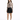 A model poses in a fitted long-sleeve top featuring graphic designs, paired with a black zippered skirt and heels.