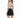 A woman with long hair wears a fitted, tattoo-printed long-sleeve top and a black mini skirt, facing away.