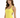 A model poses in a bright yellow sleeveless dress featuring side cutouts and a square neckline.