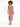 A model poses in a fitted, sleeveless dress with a side cutout and a thigh-high slit, complemented by strappy heels.