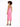 A model showcases a fitted pink dress with thin straps and a side slit, paired with black high-heeled sandals.