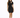 A model poses in a fitted black dress with a unique shoulder cutout, paired with strappy black heels.