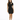 A model poses in a fitted black dress with a unique shoulder cutout, paired with strappy black heels.