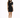 A woman poses in a fitted black dress with a high neckline and a cutout on one shoulder, paired with black heels.