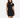 A woman poses in a fitted black dress with a high neckline and a stylish cutout on one shoulder.