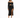 A model showcases a fitted black dress with long sleeves, a cutout at the waist, and a thigh-high slit.
