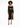 A model showcases a fitted black dress with long sleeves, a cutout at the waist, and a thigh-high slit.