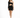 A model wearing a black, one-shoulder dress with a cutout and sparkly fabric, paired with black strappy heels.