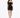 A woman in a fitted black off-the-shoulder dress with a ruched design, paired with strappy black heels.