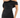 A close-up of a woman wearing a black off-shoulder dress with a ruched design and soft fabric.