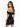 A woman with long, wavy hair poses in a fitted black off-the-shoulder dress, showcasing a stylish back view.