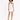 A model poses in a fitted white dress with thin straps, showcasing a sleek silhouette and stylish black heels.