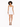 A model wearing a fitted white dress with thin straps, paired with black high-heeled sandals.