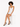 A model with curly hair sits on a white block, wearing a fitted white dress and black strappy heels.
