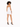 A model with curly hair poses in a fitted white dress and black high-heeled sandals, showcasing a stylish look.