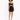 A model poses in a fitted black dress with a cutout design and ruched detailing, paired with strappy heels.