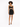 A model poses in a fitted black dress with a cutout design and ruched detailing, paired with strappy heels.