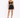 A model poses in a fitted black dress with a twist front and ruched detailing, paired with strappy heels.