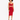 A model showcases a fitted red dress with a twist front and cut-out details, paired with strappy black heels.