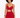 A model showcases a fitted red dress with a cut-out design and thin straps, featuring a shimmering texture.