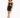 A model poses in a fitted black dress with a twist front and cutout detail, complemented by strappy heels.