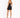 A model with curly hair poses in a fitted black dress and high heels, showcasing a sleek silhouette.
