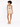 A model poses in a fitted, beige mini dress with a twist front and cut-out detail, paired with strappy heels.